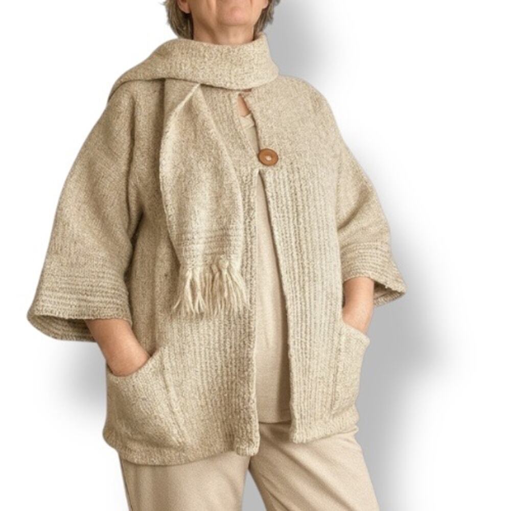 Vintage Shepherds Harvest Wool Cardigan Oatmeal Knit Fringe Scarf Jacket Large